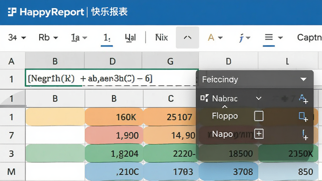 一张展示HappyReport快乐报表公式编辑功能的图片,画面中显示一个单元格内正在输入计算公式,旁边有函数选择下拉菜单,表格中部分数据以不同颜色标注,背景为白色工作区,风格简洁,画质清晰,无多余元素