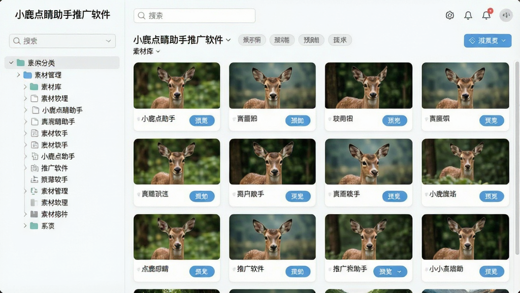 一张素材库管理界面图,画面中显示网格状排列的素材卡片,每张卡片包含缩略图和名称标签,左侧有分类目录树,界面主体为