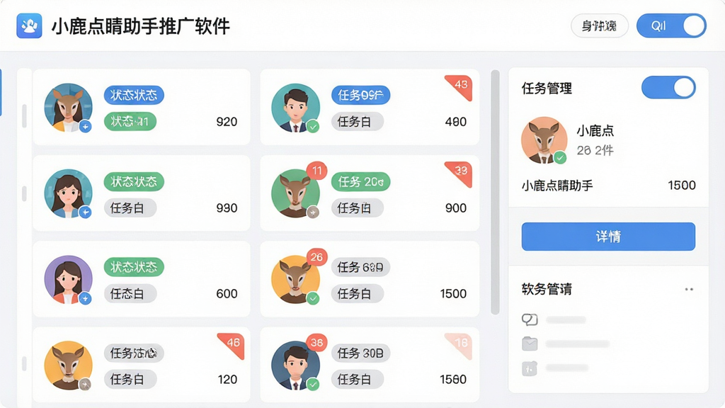 一张软件功能展示图,画面中显示多个账号头像排列在一个管理面板中,每个账号旁边有独立的状态标签和任务数量,界面风格简洁明亮,主体为