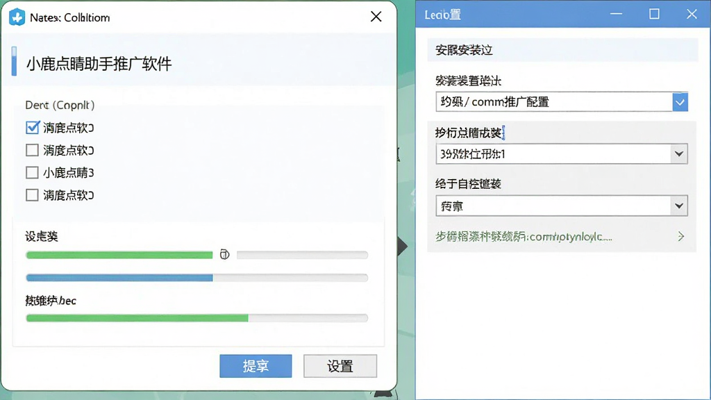 一张软件安装与设置界面的示意图,画面中显示安装向导窗口和设置面板,窗口内有复选框和路径选择框,界面主体为