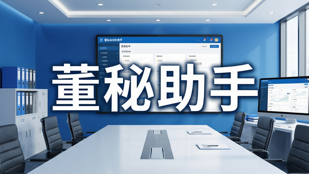 一张展示董秘助手软件主界面的图片,画面中央是软件名称“董秘助手”四个大字,背景是现代化的上市公司办公场景,有会议桌、文件柜和电脑屏幕,屏幕上显示着信息披露管理后台的界面,整体风格商务专业,色调以蓝色和白色为主,画面干净整洁,无多余元素,高清画质。