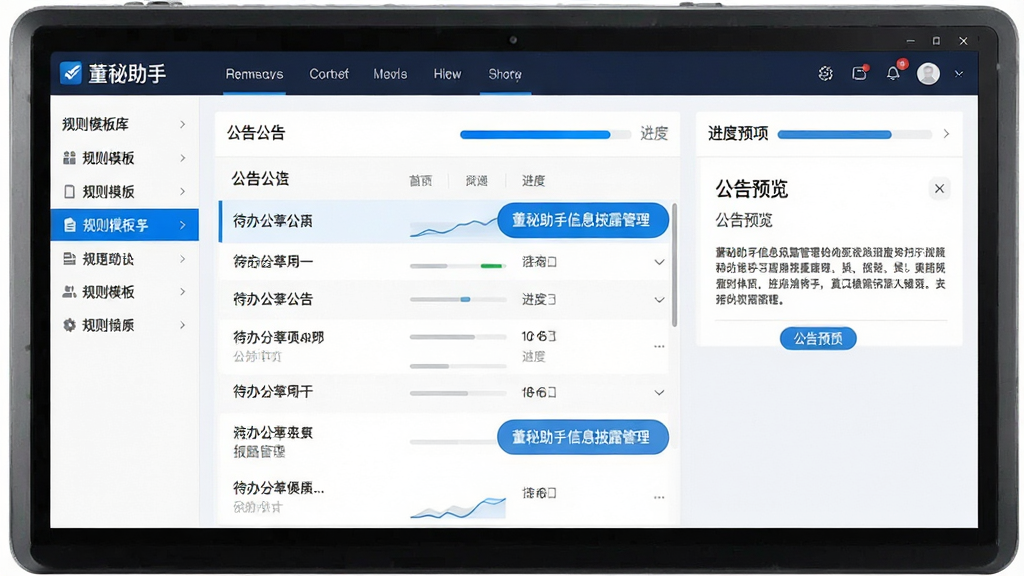 一张展示董秘助手信息披露管理界面的图片,画面中软件名称“董秘助手”位于顶部导航栏,下方是公告列表和进度条,左侧有规则模板库菜单,右侧是公告预览窗口,整体布局清晰,风格简约商务,蓝色高亮显示待办事项,画面干净,画质清晰。