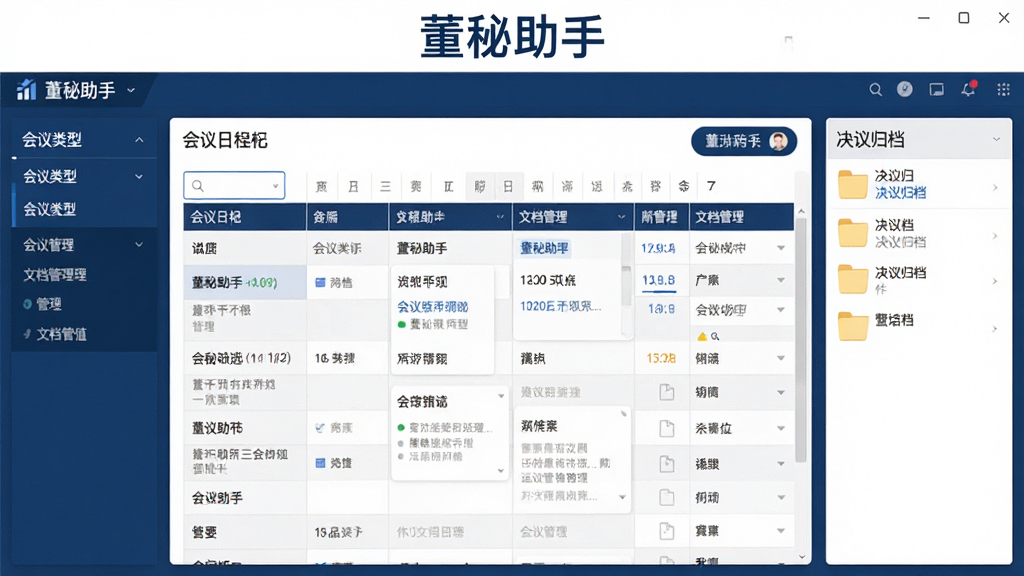 一张展示董秘助手三会运作管理界面的图片,画面中软件名称“董秘助手”位于顶部,主体是会议日程表和文档管理列表,左侧有会议类型筛选菜单,右侧是决议归档文件夹,整体风格稳重商务,深蓝色调,排版整齐,画面干净,无多余元素,高清画质。