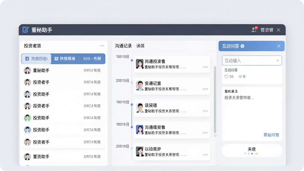 一张展示董秘助手投资者关系管理模块的图片,画面中软件名称“董秘助手”出现在界面左上角,主体是投资者列表和沟通记录时间轴,右侧有互动问答输入框,背景是柔和的浅灰色,整体风格现代专业,画面干净,无多余装饰,高清画质。