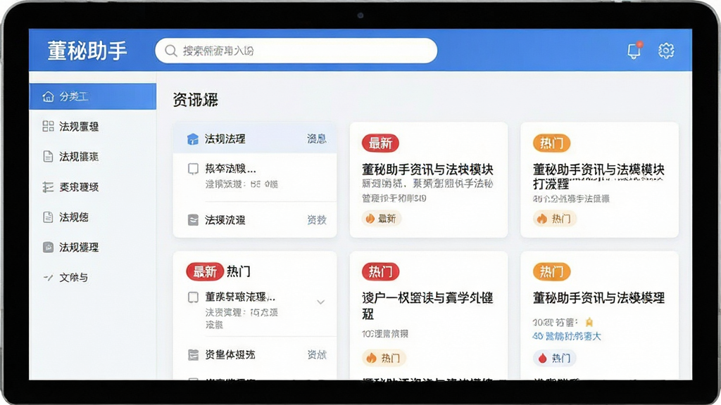 一张展示董秘助手资讯与法规模块的图片,画面中软件名称“董秘助手”出现在顶部搜索栏旁边,主体是法规列表和资讯卡片,卡片上有“最新”“热门”标签,左侧是分类导航,整体风格清新简洁,浅色背景,排版清晰,画面干净,无多余元素,高清画质。