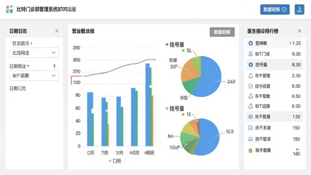 比特门诊部管理系统 BITOPD云版数据看板界面,画面中央为柱状图与饼图组合展示营业额和挂号量,左侧为日期筛选器,右侧为医生接诊排行榜,顶部标注“比特门诊部管理系统 BITOPD云版”,背景为白色与浅灰色,细节包含数据刷新按钮和导出图标,画质清晰干净,无多余元素