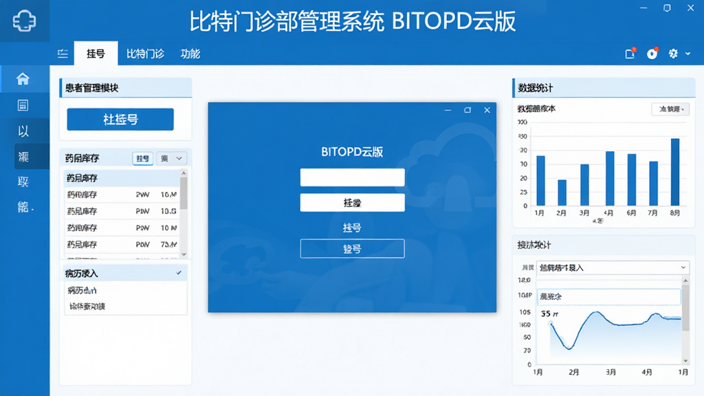 比特门诊部管理系统 BITOPD云版主界面截图,画面中央展示软件登录窗口与功能导航栏,左侧为患者管理模块,右侧为数据统计图表,顶部显示软件名称“比特门诊部管理系统 BITOPD云版”,整体布局清晰,采用蓝白商务配色,风格简洁专业,细节包含挂号按钮、药品库存列表、病历录入框,画质高清干净,无多余元素