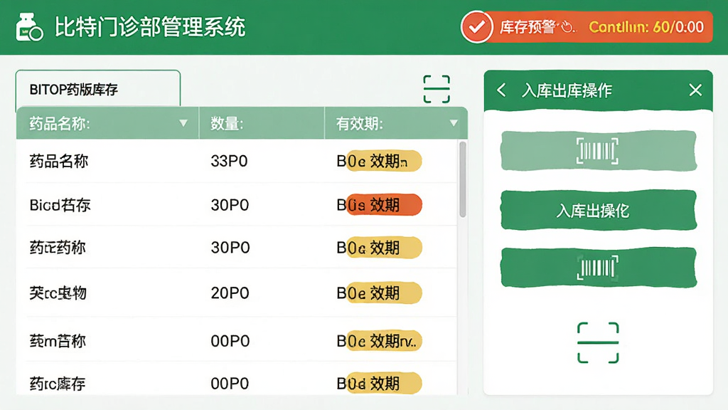 比特门诊部管理系统 BITOPD云版药房管理界面,画面左侧为药品库存列表,显示药品名称、数量、有效期,右侧为入库出库操作面板,顶部有库存预警提示,界面风格简洁,采用绿色与白色搭配,细节包含条形码扫描图标和效期高亮标签,画质高清干净,无多余元素