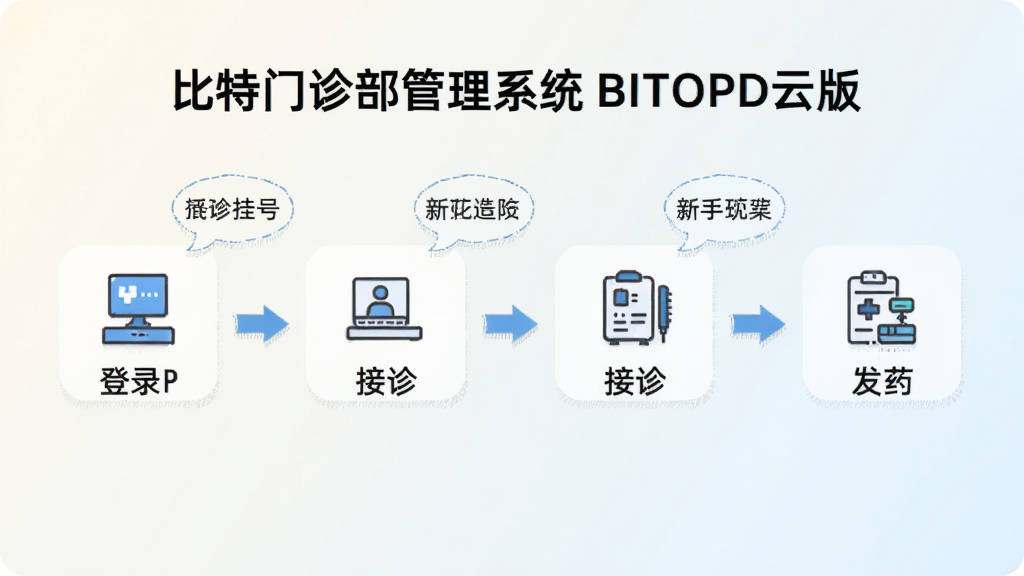 比特门诊部管理系统 BITOPD云版新手操作流程图,画面以步骤形式展示从登录到挂号、接诊、发药的完整流程,每个步骤配有小图标和简短文字说明,顶部标注“比特门诊部管理系统 BITOPD云版”,背景为浅色渐变,布局横向排列,细节包含箭头连接和提示气泡,画质清晰干净,无多余元素