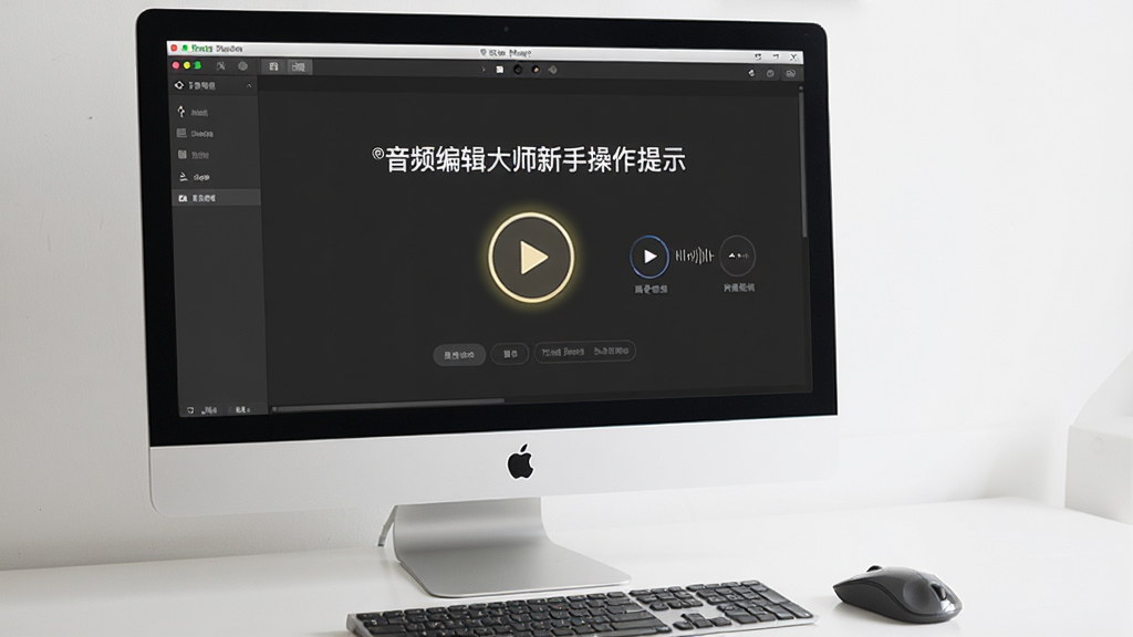 一张展示金飞翼音频编辑大师新手操作提示的图片,主体为电脑屏幕显示软件界面和旁边放置的鼠标,布局为居中构图,排版简洁,风格为清新教学风,细节包括屏幕上高亮的录音按钮和提示文字,画质清晰,干净,无多余元素