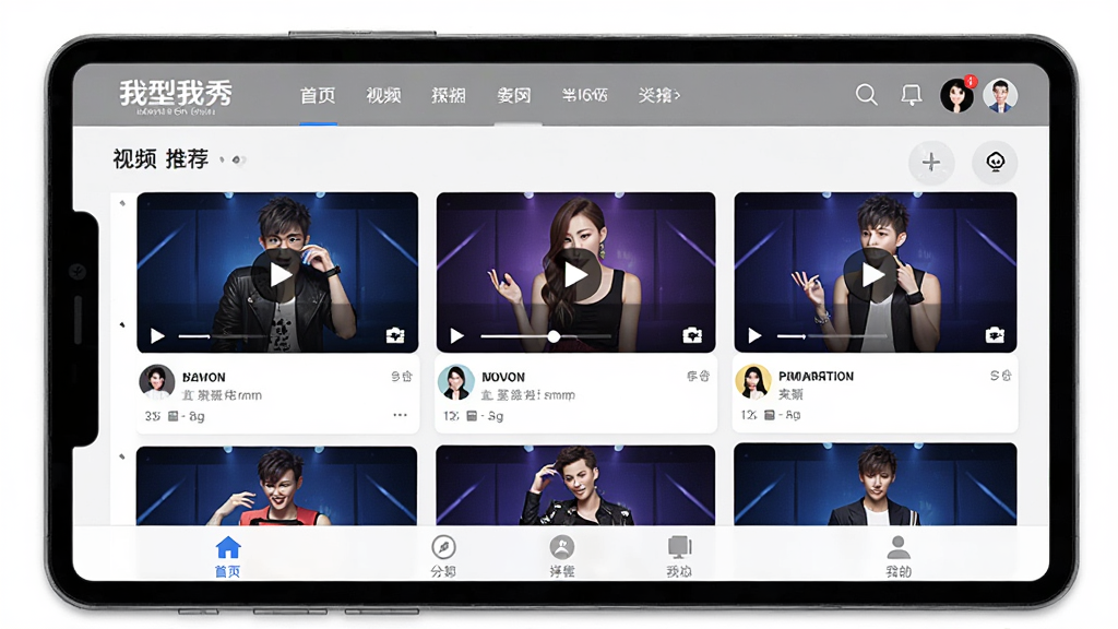 一张展示我型我秀视频娱乐社区软件界面的整体预览图,画面主体为软件主界面,布局包含顶部导航栏、中部视频推荐瀑布流、底部功能菜单栏,排版清晰有序,风格现代简约,细节上体现视频缩略图、播放按钮、用户头像等元素,画质高清,干净整洁,无多余元素