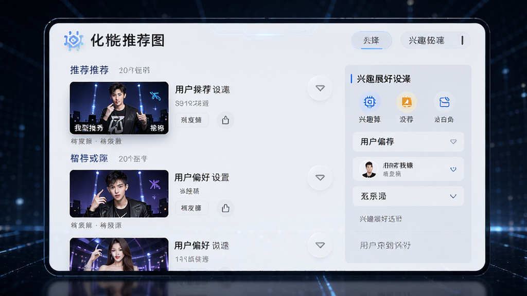 我型我秀视频娱乐社区智能推荐算法功能展示图,画面主体为个性化推荐页面,布局包含推荐视频列表和兴趣标签选择区域,排版简洁明了,风格科技感十足,细节上体现算法推荐图标和用户偏好设置,画质高清,干净整洁,无多余元素
