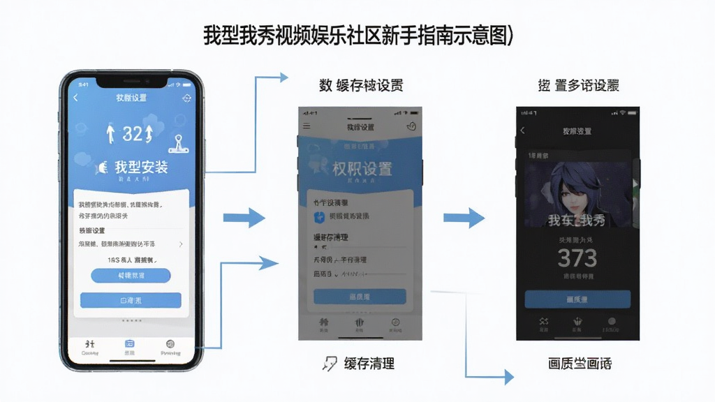 我型我秀视频娱乐社区新手操作指南示意图,画面主体为手机屏幕展示软件安装和设置步骤,布局采用分步图解形式,排版清晰直观,风格简洁明快,细节上体现权限设置、缓存清理、画质选择等操作界面,画质高清,干净整洁,无多余元素