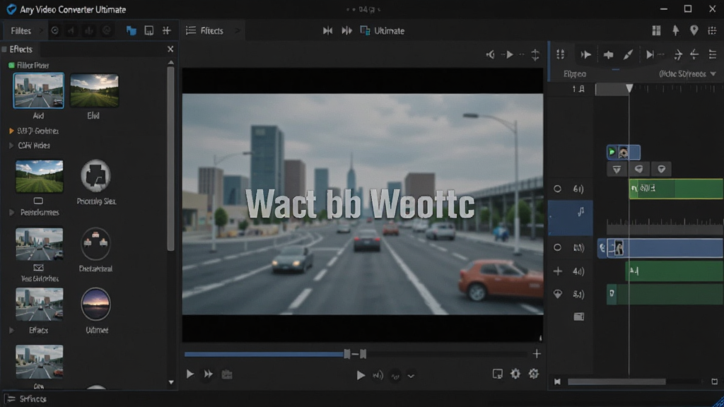 Any Video Converter Ultimate 的视频编辑界面,左侧是滤镜和特效选项列表,中间是视频预览窗口显示正在添加水印,右侧是时间轴和剪辑工具,整体风格简洁专业,画质高清,布局合理