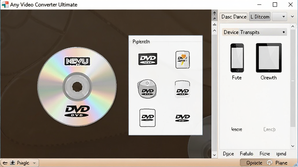 Any Video Converter Ultimate 软件界面展示光盘刻录选项,屏幕中央是 DVD 光盘图标和菜单模板预览,右侧是设备传输面板显示手机和平板图标,整体风格温馨实用,画质清晰,细节丰富