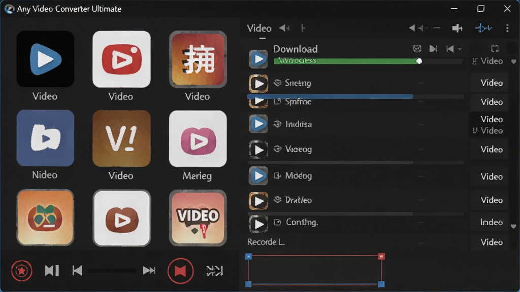 Any Video Converter Ultimate 界面中展示视频下载面板,左侧是多个视频网站图标,右侧是下载进度列表,屏幕下方有录制按钮和录制区域选框,整体布局直观,风格现代,画质清晰,无杂乱元素