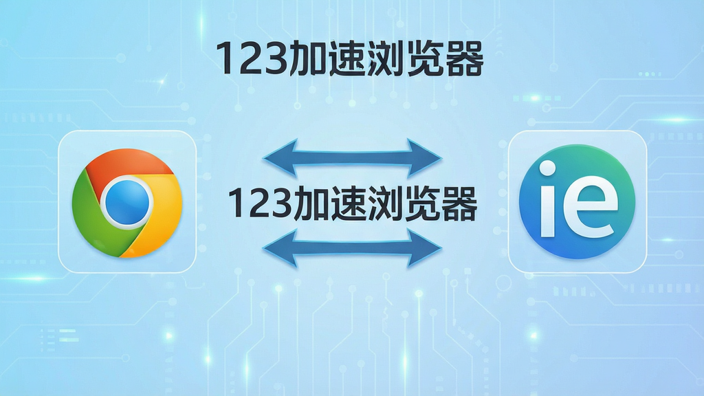 一幅展示123加速浏览器双核切换功能的示意图,画面左侧是极速内核图标,右侧是IE兼容内核图标,中间用双向箭头连接,背景为浅蓝色科技感渐变,画面中央有