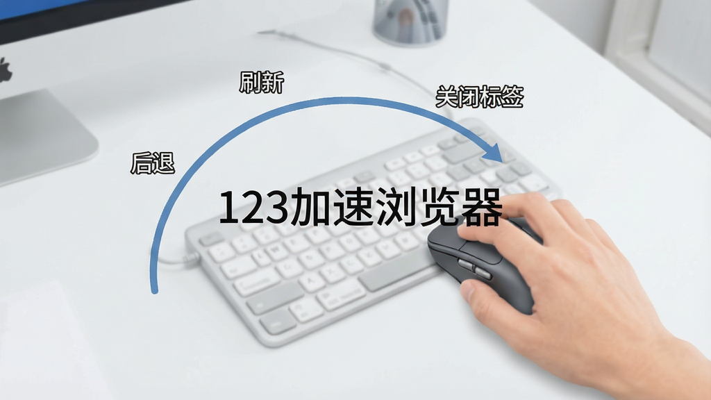 一幅展示123加速浏览器鼠标手势操作的示意图,画面中一只手握住鼠标在桌面上滑动,鼠标轨迹形成一条弧线,弧线旁边标注