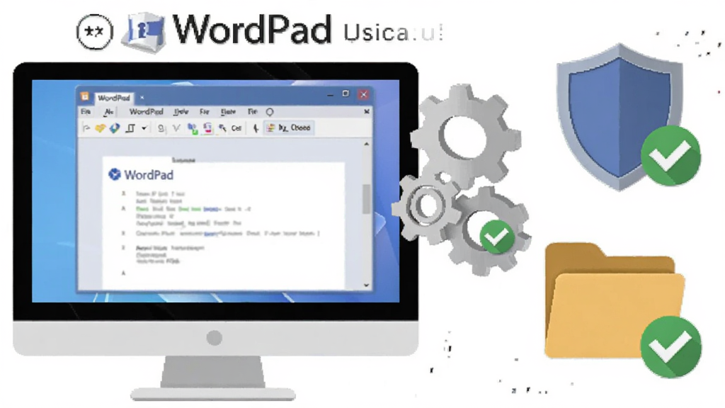一幅展示WordPad使用技巧的示意图,主体为电脑屏幕中WordPad窗口旁漂浮着齿轮、盾牌、文件夹图标,布局为左右分栏,风格为扁平化信息图风格,细节上图标带有绿色对勾标记,画质高清干净,无多余元素,画面中包含“WordPad”字样