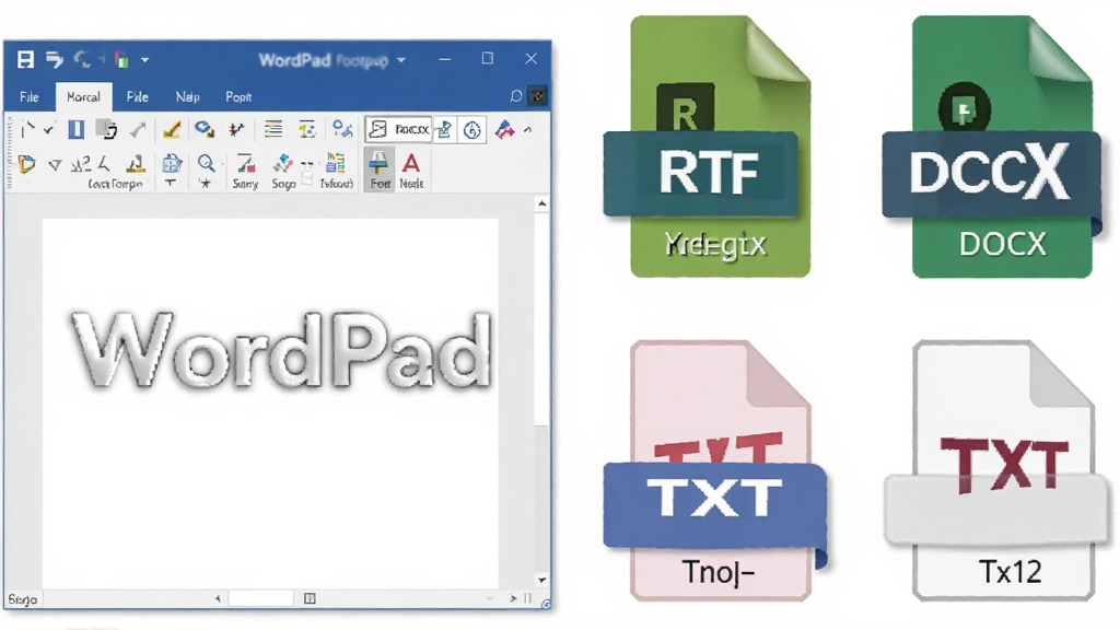 一幅展示WordPad多格式保存功能的示意图,主体为WordPad窗口旁排列着RTF、DOCX、TXT等文件格式图标,布局为横向排列,风格为简约商务风,细节上图标带有文件扩展名标签,画质高清干净,无多余元素,画面中包含“WordPad”字样