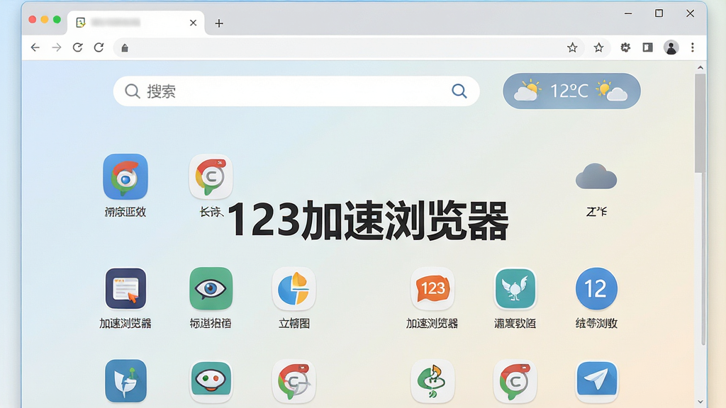 一张展示123加速浏览器个性化主页的图片,画面中浏览器窗口内显示网格状网站导航图标,顶部有搜索框和天气信息,背景为浅色渐变,画面中央有