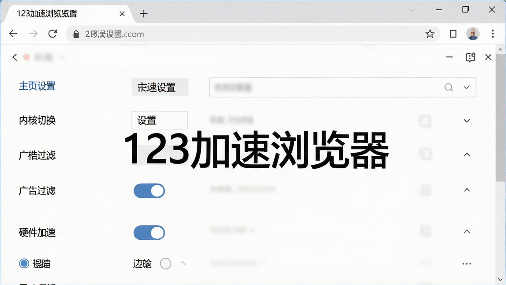 一张展示123加速浏览器设置界面的图片,画面中浏览器窗口内显示多个设置选项,包括主页设置、内核切换、广告过滤开关、硬件加速选项等,界面为中文,布局清晰,风格简洁,画面中央有