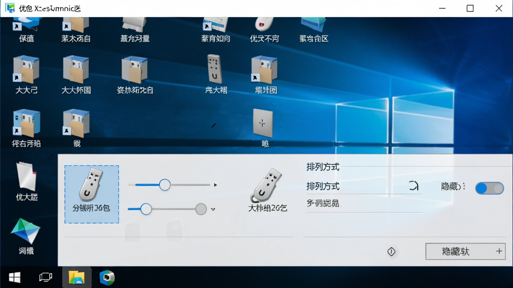 优盘桌面主题桌面显示设置界面,主体为电脑桌面右下角系统托盘区域和桌面图标排列,布局为上方菜单栏下方桌面区域,排版展示图标大小调节滑块和排列方式选项,风格为Windows原生设置风格融合现代设计,细节包括U盘图标被高亮选中、右侧有显示隐藏开关、底部有应用按钮,画质高清干净无多余元素