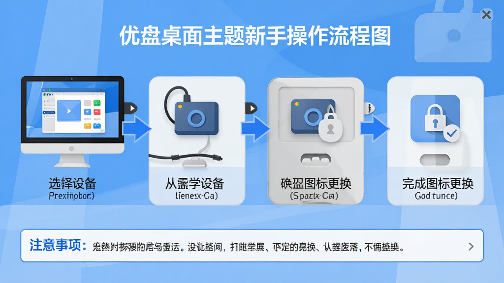 优盘桌面主题新手操作流程图,主体为电脑屏幕显示软件操作步骤从选择设备到完成图标更换的四个阶段,布局为横向流程图从左到右排列,排版每个步骤配有图标和简短文字说明,风格为信息图表扁平设计,细节包括箭头连接各步骤、底部有注意事项提示框、配色为蓝色和灰色,画质高清干净无多余元素