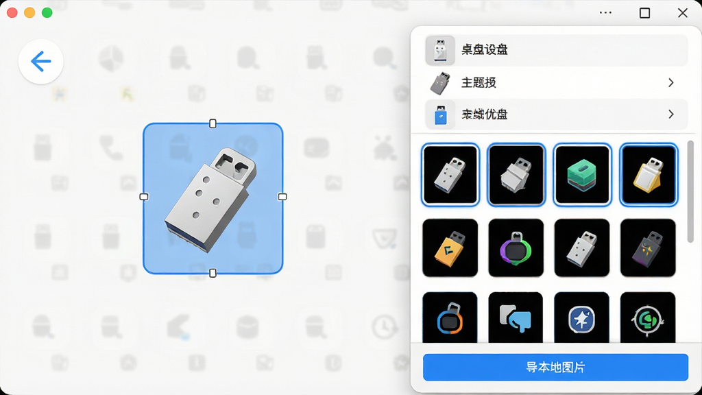 优盘桌面主题图标更换功能展示,主体为软件操作界面中一个U盘设备被选中,右侧弹出图标选择面板,布局为上方设备列表下方图标网格,排版采用卡片式设计,风格为扁平化现代UI,细节包括图标网格中展示20个不同风格图标、选中状态带有蓝色边框、底部有导入本地图片按钮,画质高清干净无多余元素