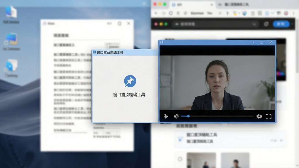 一张展示电脑桌面多窗口叠加场景的高清图片,画面中央是一款名为“窗口置顶辅助工具”的软件界面,界面简洁小巧,旁边有一个视频播放窗口被固定在顶层显示,背景是模糊的文档和网页窗口,整体布局清晰展示置顶效果,风格为现代科技感UI风格,细节包含置顶图标、图钉标识、窗口边框高亮,画质为4K超清,干净无多余元素