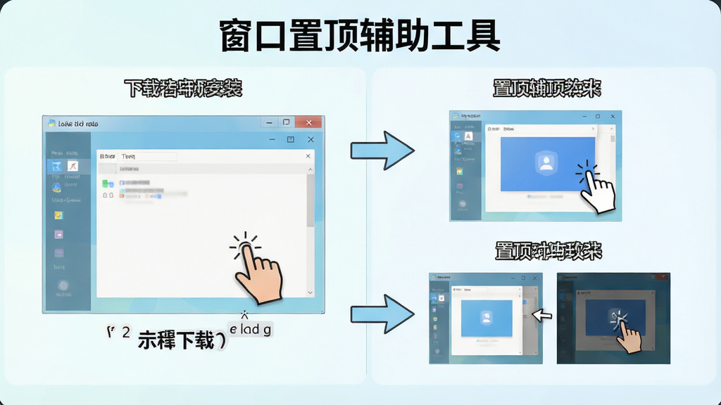 一张展示“窗口置顶辅助工具”使用教程的图片,画面中软件界面旁边有步骤指示箭头,从下载安装到置顶操作逐步展示,主体为教程示意图,布局为左右分步展示,风格为清新浅色风,细节包含鼠标点击手势、快捷键标识、窗口置顶效果对比,画质为高清,干净无多余元素