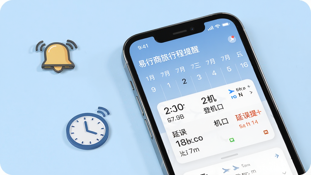 易行商旅行程提醒界面展示,画面中一部手机屏幕显示日历视图与航班动态卡片,卡片上有起飞时间、登机口、延误提示等信息,背景为柔和的浅蓝色,手机旁有铃铛与时钟的装饰图标,整体风格简洁明快,画质高清,干净无多余元素