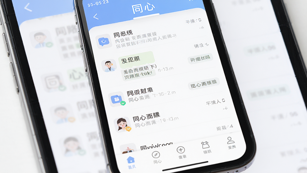 同心软件主界面展示图,画面中央是手机屏幕,屏幕内显示同心应用的聊天列表和底部导航栏,整体布局简洁,采用柔和的蓝白配色风格,干净无多余元素,画质清晰,细节精致,主体突出