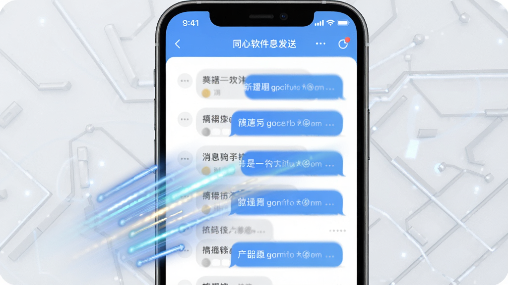 同心软件消息发送界面,画面展示一部手机正在快速发送多条消息,屏幕上有动态的光效轨迹代表速度,背景是浅灰色的科技感线条,风格简约现代,画质干净清晰,主体为手机和同心应用界面