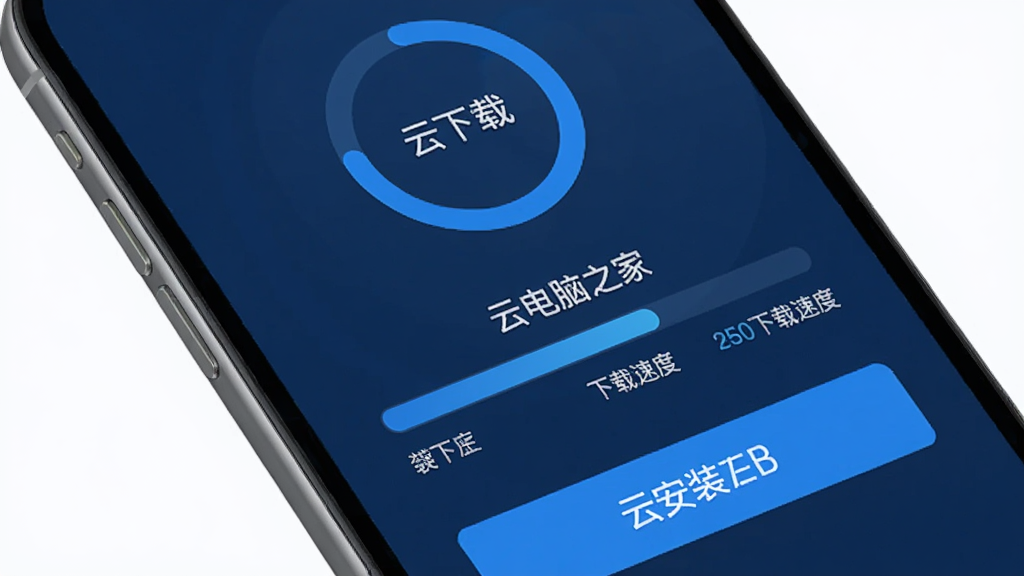 云电脑之家一键下载安装功能界面,主体为手机屏幕特写,屏幕中展示下载进度条和安装按钮,布局为上下结构,排版简洁,风格为科技蓝配色扁平设计,细节包含圆形进度指示器、