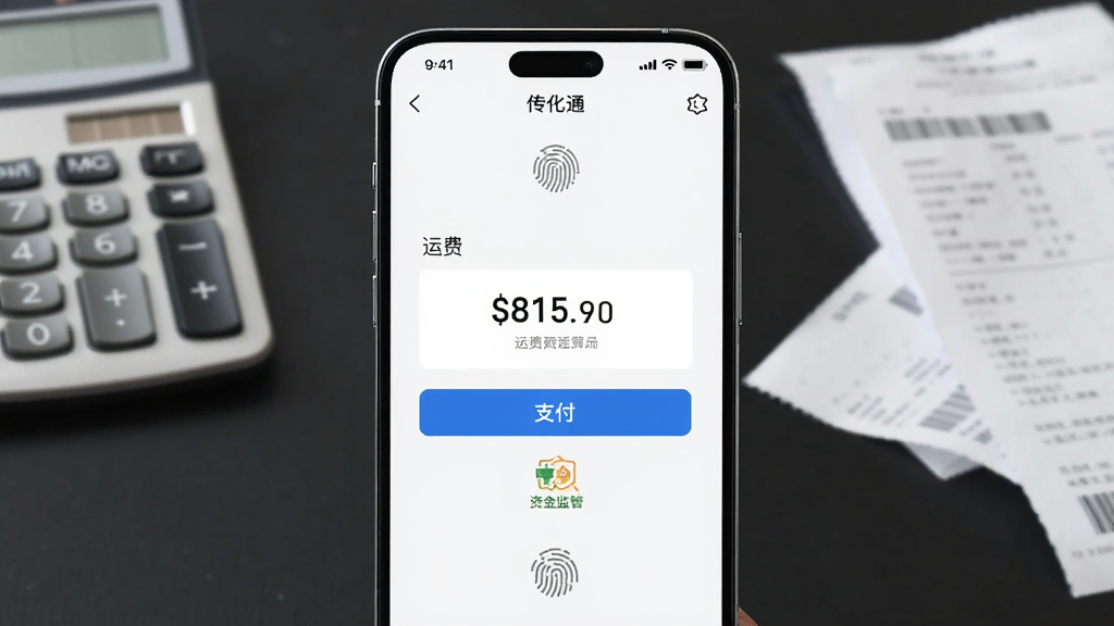 画面主体为一部智能手机特写,屏幕上显示“传化通”的支付结算页面,页面中有运费金额、支付按钮和资金监管标识,背景为模糊的办公桌面,布局以手机为绝对中心,风格为产品摄影,细节包括手机边框、屏幕上的指纹图标、桌面上的计算器和票据,画质清晰,干净,无多余元素