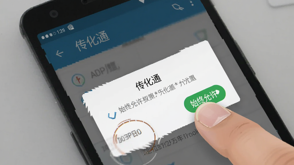画面主体为一部安卓手机屏幕显示“传化通”的权限设置页面,旁边有手指正在点击“始终允许”定位权限,背景为简洁的灰色桌面,布局以手机和手指为焦点,风格为UI交互示意图,细节包括权限弹窗的文字、手机状态栏图标、手指的指甲细节,画质清晰,干净,无多余元素