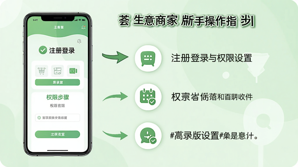 荟生意商家版新手操作指引图,画面中手机界面显示注册登录与权限设置步骤,旁边有提示图标与箭头指引,背景为浅绿色调,风格清新简洁,排版清晰,细节干净,画质干净,无多余元素