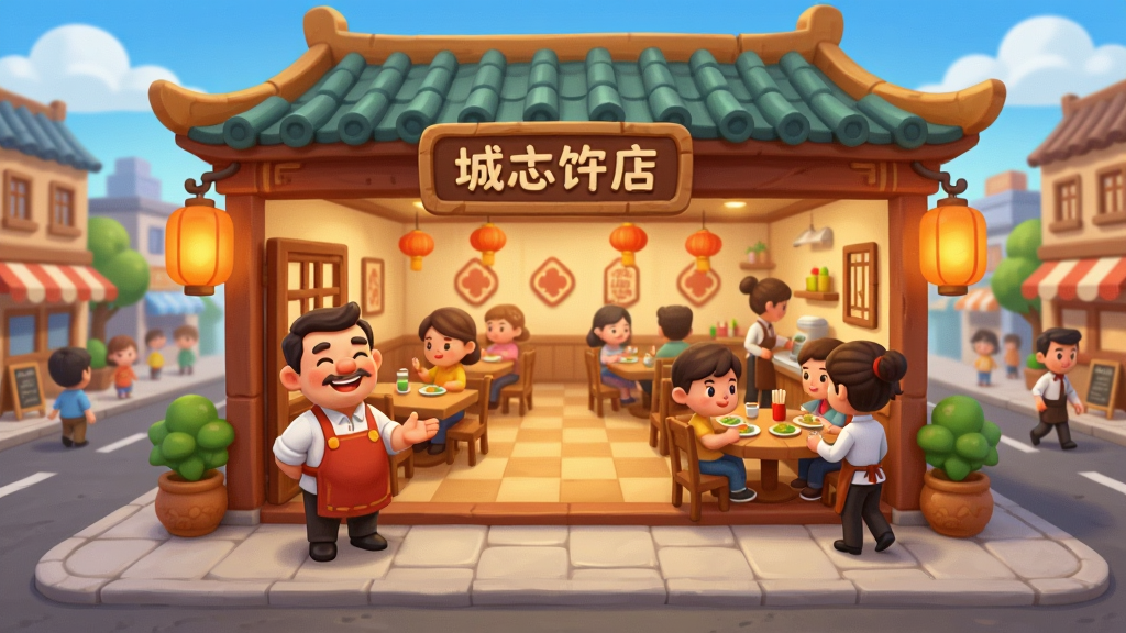 我要开饭店游戏主界面全景展示,画面中央是一家装修温馨的中式餐厅,门口站着笑脸迎客的老板,餐厅内部有顾客用餐,服务员忙碌穿梭,背景是繁华的街道和蓝天白云,整体采用卡通渲染风格,色彩明亮温暖,细节丰富,画质清晰干净,无多余元素。