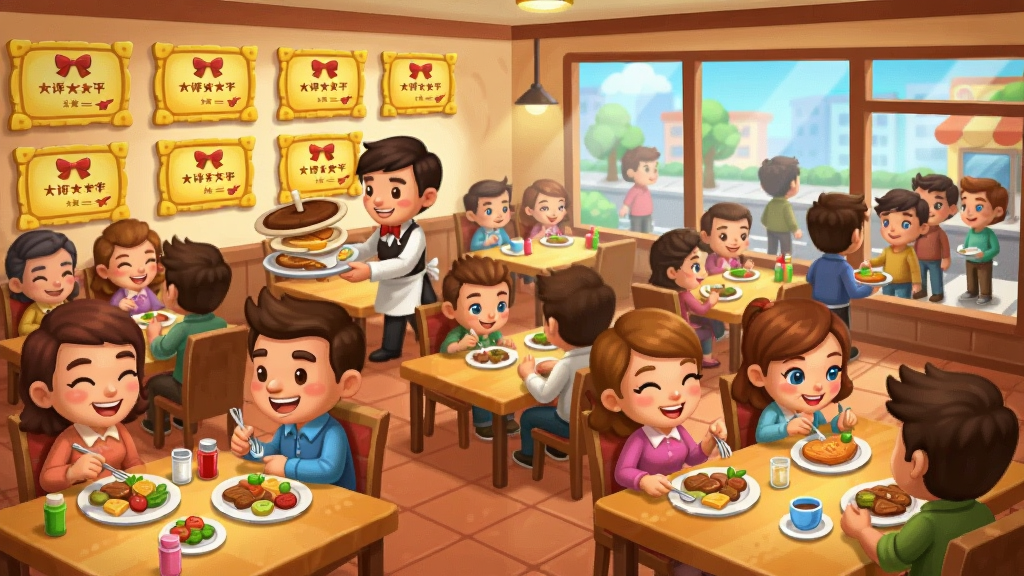 我要开饭店游戏顾客用餐场景,画面中餐厅内座无虚席,顾客们面带笑容享用美食,服务员正在端菜,墙上挂着好评奖状,窗外有排队等候的顾客,整体氛围热闹温馨,采用卡通风格,色彩丰富,画质明亮,无杂乱细节。
