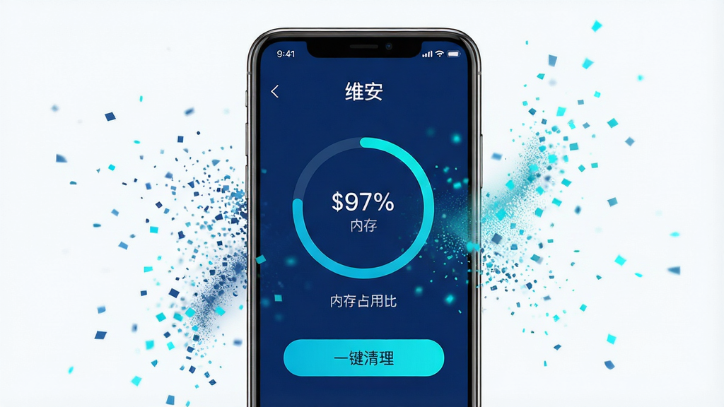 ������һ��չʾ�ֻ���̨�������ܵ�ͼ������������һ���ֻ�����Ļ��ʾ��ά����App�ĺ�̨�������棬�������л��ν�������ʾ�ڴ�ռ�ñ������·��С�һ����������ť���ֻ���Χ��Ʈɢ������Ч�������������ͷš�����Ϊ�ֻ����У����ӻ��ơ����Ϊ�ִ��Ƽ��磬��ɫ����������ɫ����ɫΪ����ϸ���Ͻ������Ͱ�ť�����ɼ������ʸ��塢�ɾ����޶���Ԫ�ء�