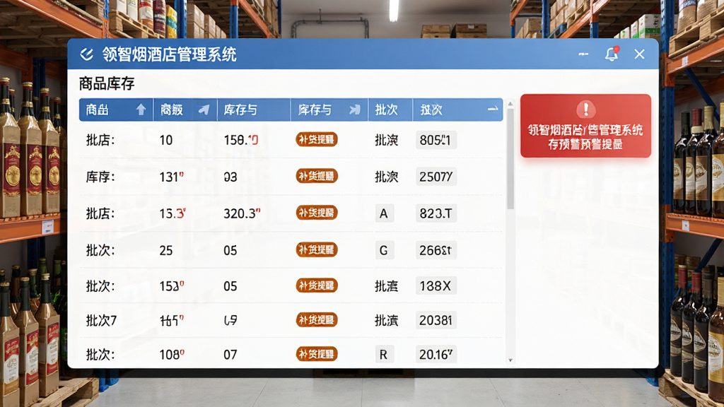 领智烟酒店管理系统库存管理模块界面展示,画面中呈现商品库存列表与预警提示标识,货架上的烟酒商品整齐排列,背景为仓库存储环境,风格简洁实用,细节包含库存数量标签、补货提醒图标、批次信息,画质高清,画面干净,无多余元素