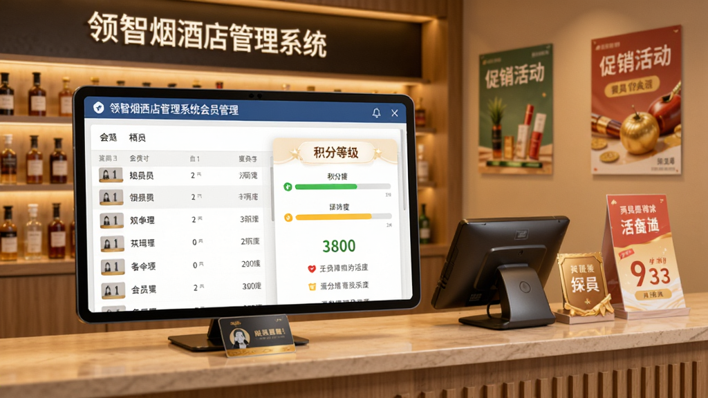 领智烟酒店管理系统会员管理界面展示,画面中显示会员档案列表与积分等级标识,背景为烟酒店铺会员服务台场景,风格温馨商务,细节包含会员卡、积分进度条、促销活动海报元素,画质高清,画面干净,无多余元素