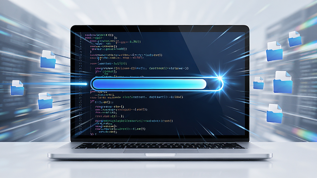 LogViewer Pro 极速加载引擎概念图,画面主体为一台笔记本电脑屏幕,屏幕上显示进度条瞬间拉满,背景是飞速闪过的代码行,布局采用居中构图,风格科技感十足,细节包含速度线、光效、文件图标,画质清晰,干净,无多余元素