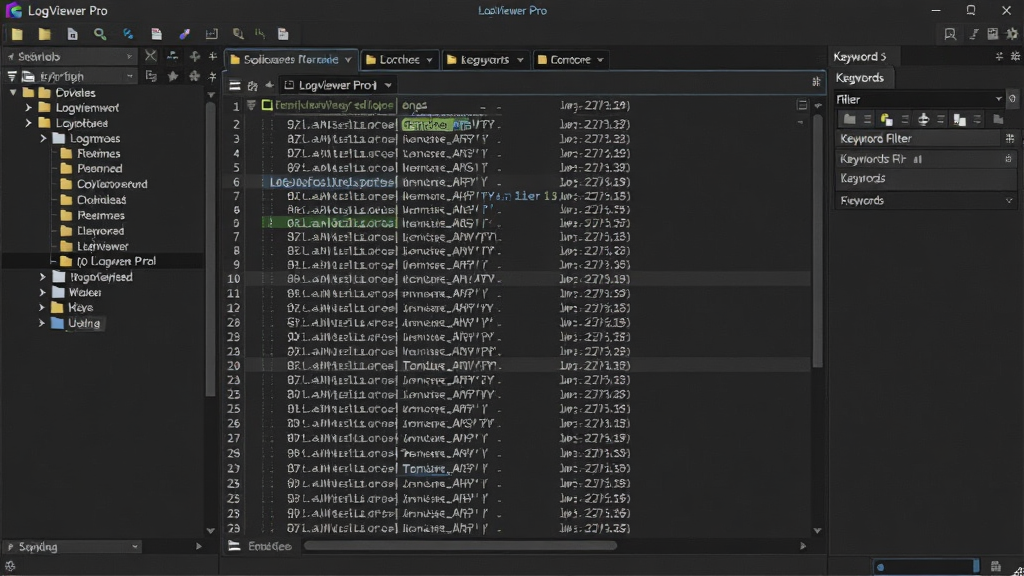LogViewer Pro 软件主界面全景展示,中央区域为多标签日志窗口,左侧是文件目录树,右侧是关键字过滤面板,界面风格为深色专业主题,布局清晰,风格简洁商务,细节包含滚动条、行号显示、高亮标记,画质清晰,干净,无多余元素