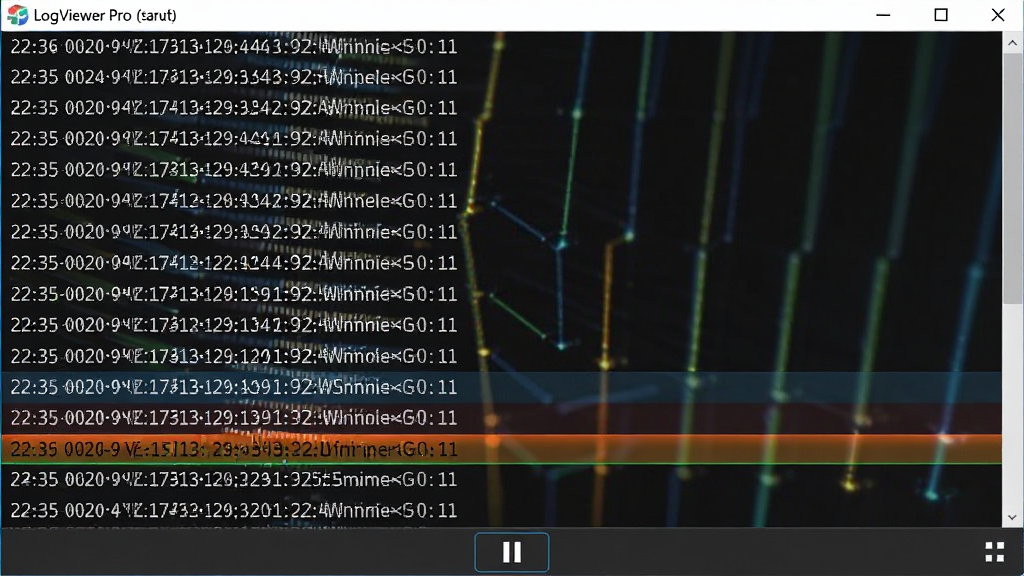 LogViewer Pro 实时追踪模式展示,画面主体为软件窗口底部持续向上滚动的日志行,布局为全屏纵向滚动,风格动态感强,细节包含时间戳自动更新、高亮的新增行、暂停按钮图标,画质清晰,干净,无多余元素