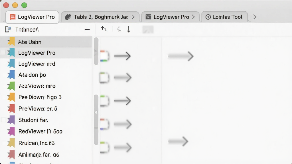 LogViewer Pro 多标签与书签功能界面,画面主体为软件顶部标签栏和侧边书签列表,布局为环绕式,风格整洁高效,细节包含多个打开的标签页、彩色书签标记、跳转箭头,画质清晰,干净,无多余元素