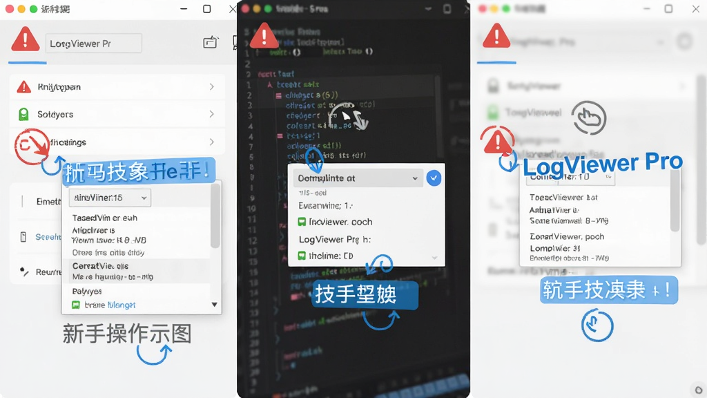 LogViewer Pro 新手操作示意图,画面主体为软件设置界面与编码切换下拉菜单,布局为分步截图拼接,风格教程指引,细节包含红色警告图标、蓝色技巧标签、灰色提示文字,画质清晰,干净,无多余元素