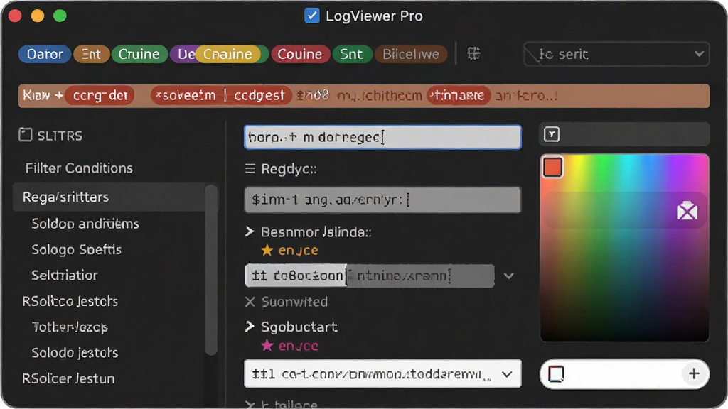 LogViewer Pro 智能过滤功能界面特写,画面主体为软件过滤设置窗口,窗口中展示了多个彩色标签和正则表达式输入框,布局为左右分栏,风格现代简约,细节包含高亮显示的错误行、过滤条件列表、颜色选择器,画质清晰,干净,无多余元素