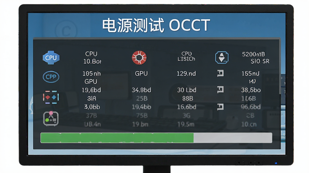 主体是一台电脑显示器,屏幕上显示硬件信息列表与测试进度条,布局为居中特写,排版上